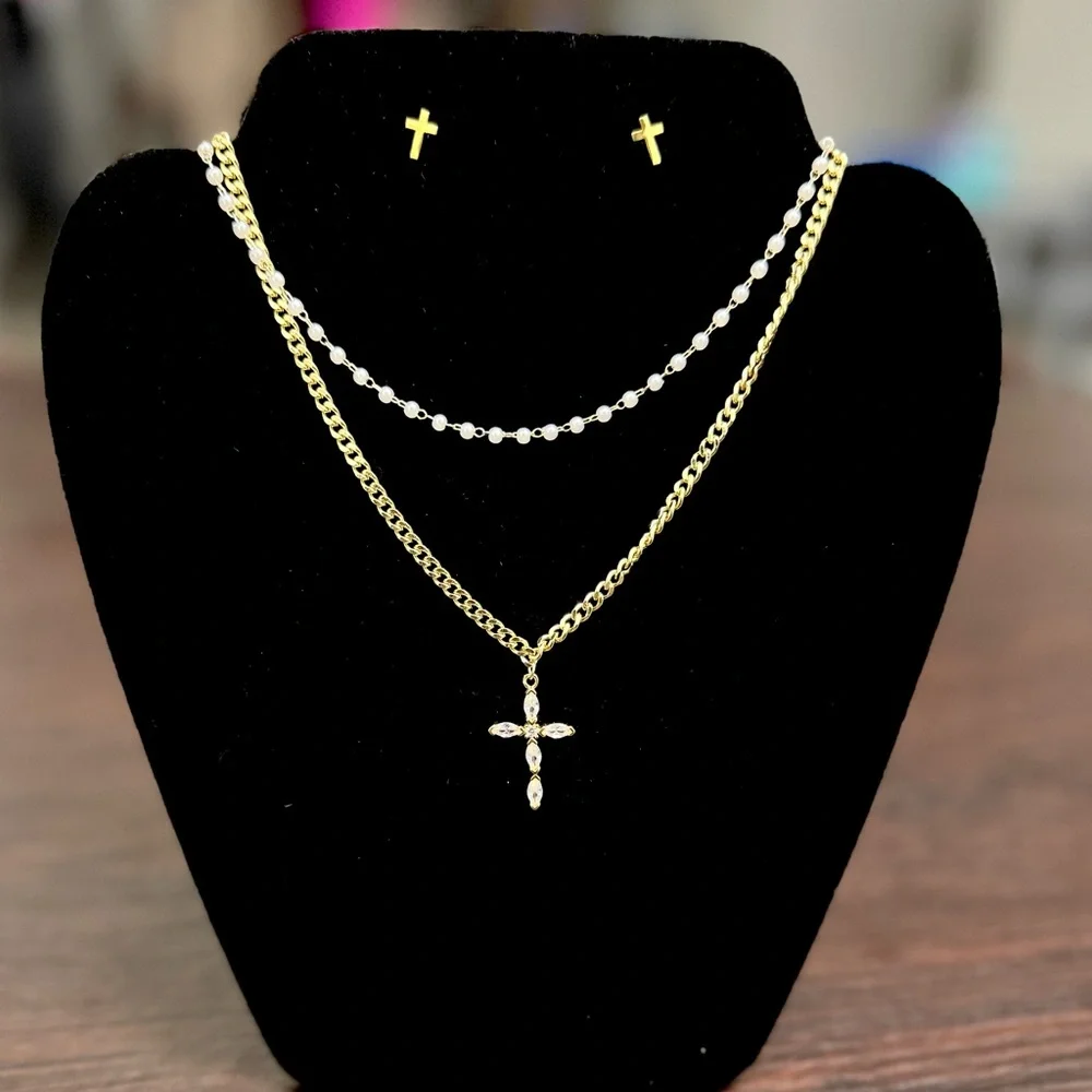 Gold Cross Necklace Earrings Set Layered Rhinestone Dainty Jewelry - Picture 3 of 5
